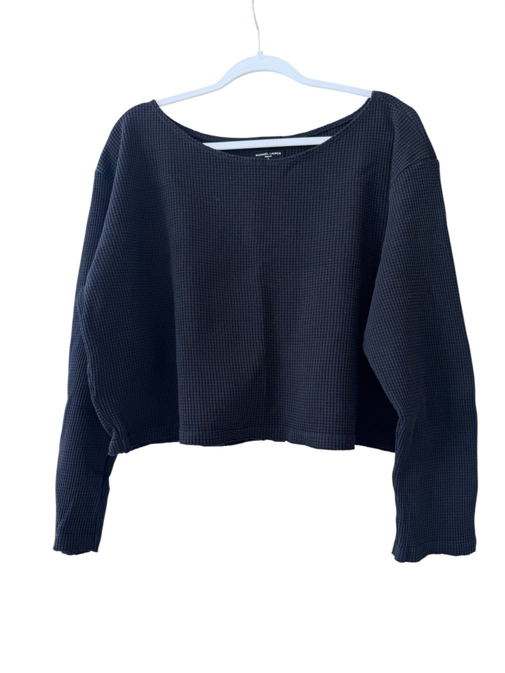 Michael Lauren Black Waffle-Knit Cropped Sweatshirt